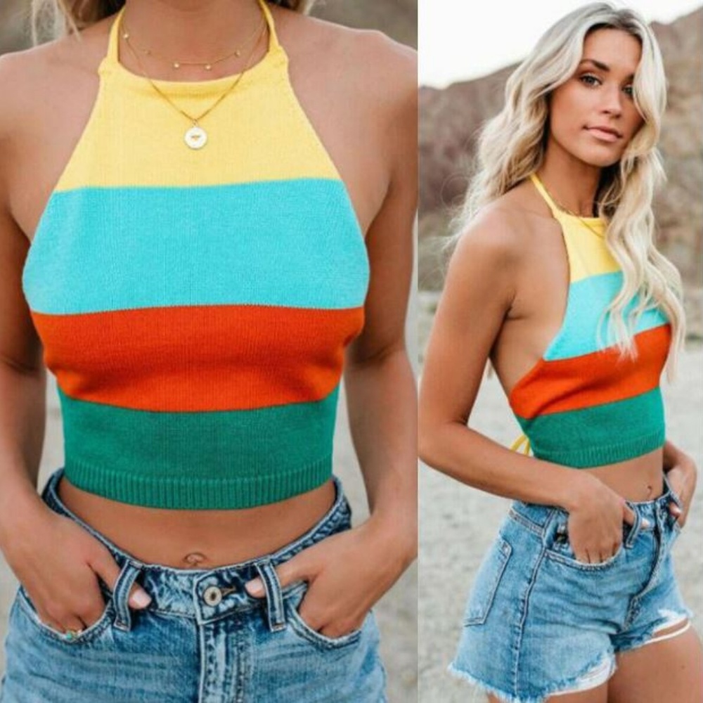 🌞 Crocheted Yellow Blue & Orange Tie Back Tank - Picture 2 of 8